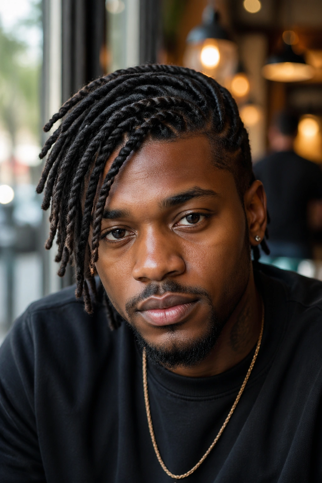 Close-up portrait of a man with side-swept loc braids across his forehead