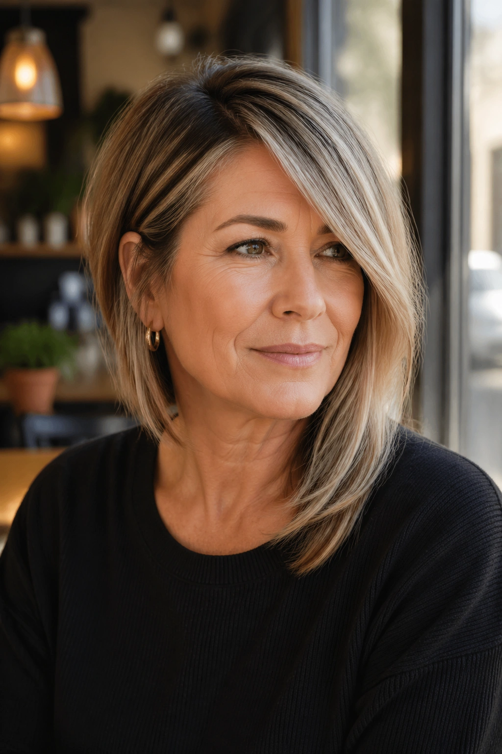 Real woman with side-swept mid-length cut in cafe light