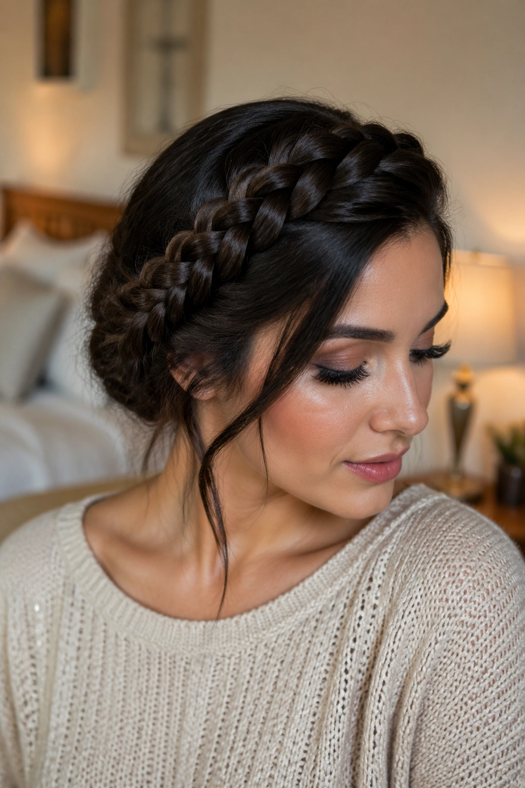 Close-up of a real woman with a side-swept milkmaid braid across the crown in natural window light