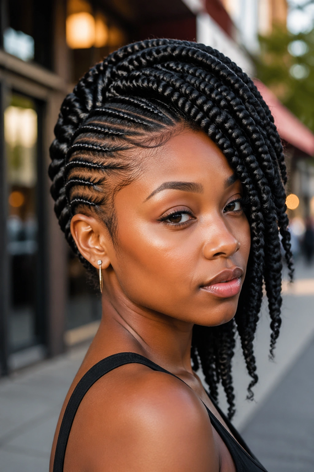 Close-up portrait of a real woman with side-swept mohawk braids.