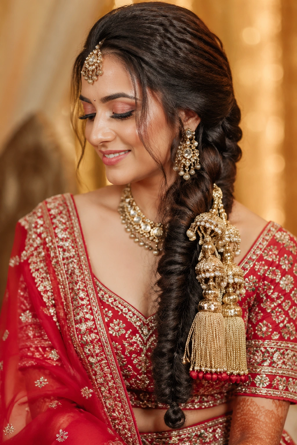 Close-up of side-swept parandi braid over shoulder on a real bride
