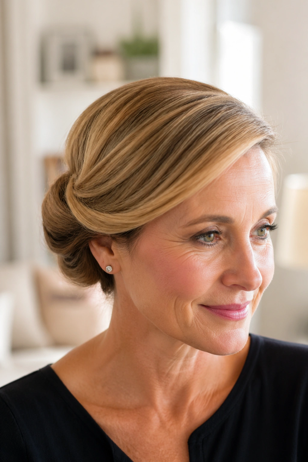 Close-up of a woman with a side-swept pin roll at the ear.