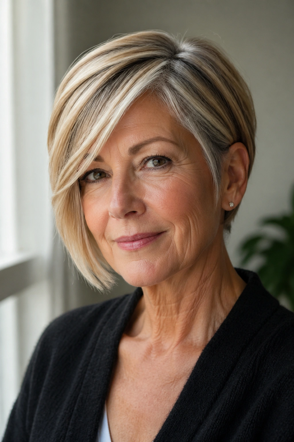 Close-up portrait of a real woman with side-swept pixie bob