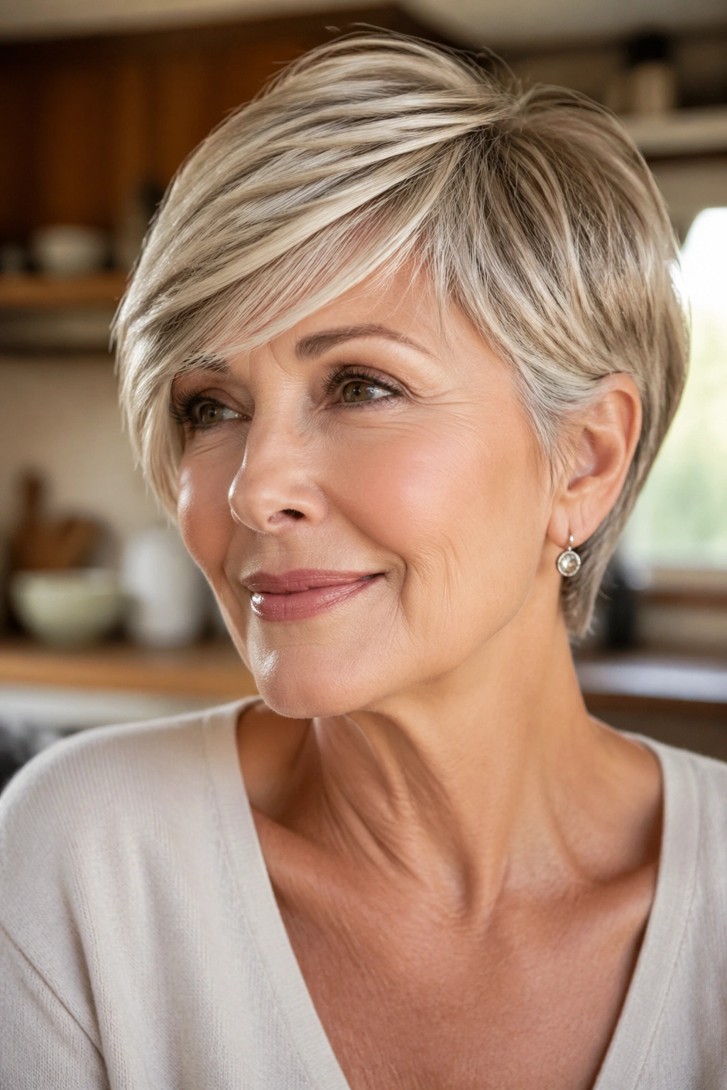 Close-up portrait of an older woman with a side-swept pixie-bob and soft fringe in a cozy home setting.
