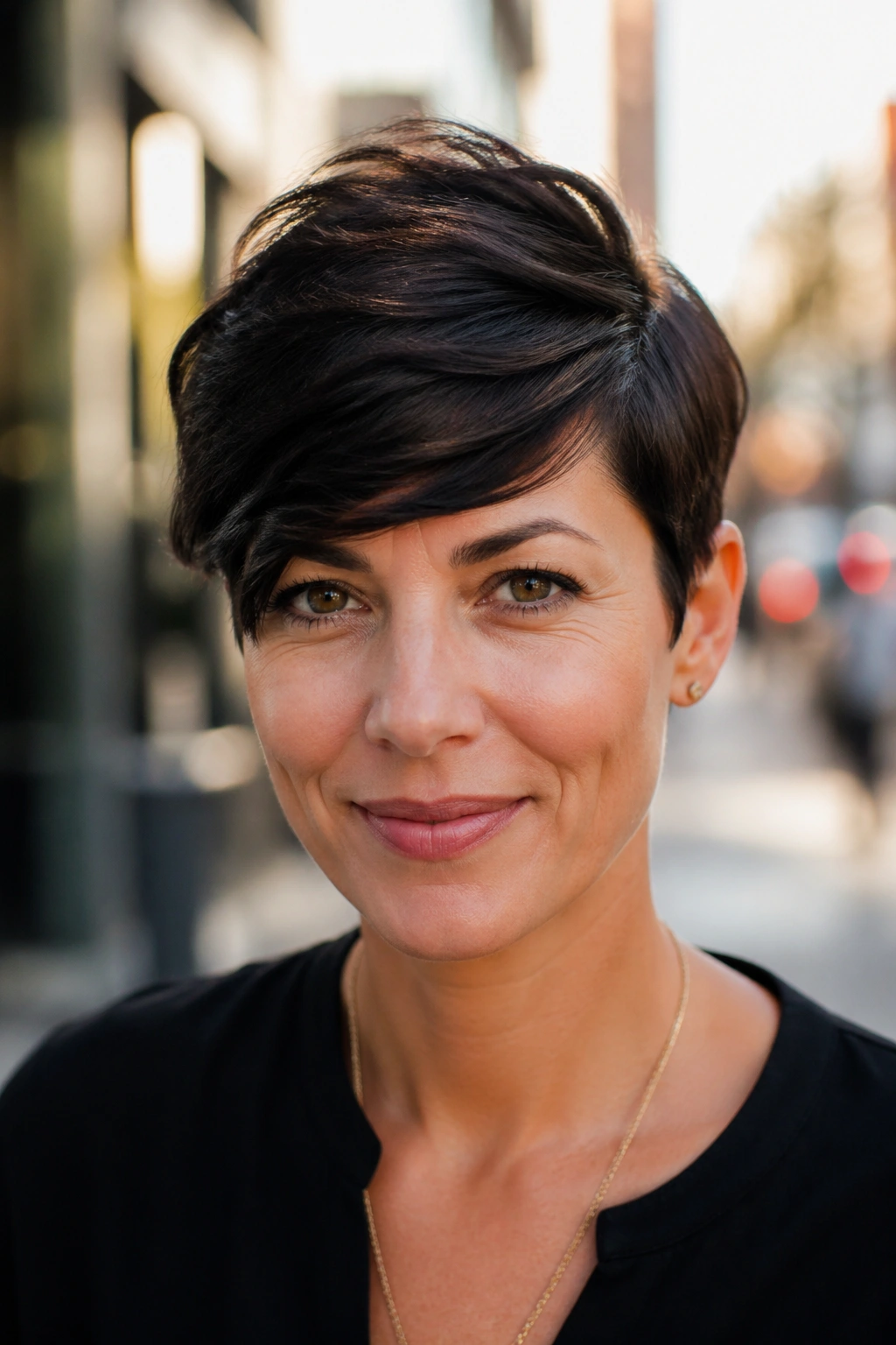 Close-up portrait of a real person with a side-swept pixie styled to manage a cowlick