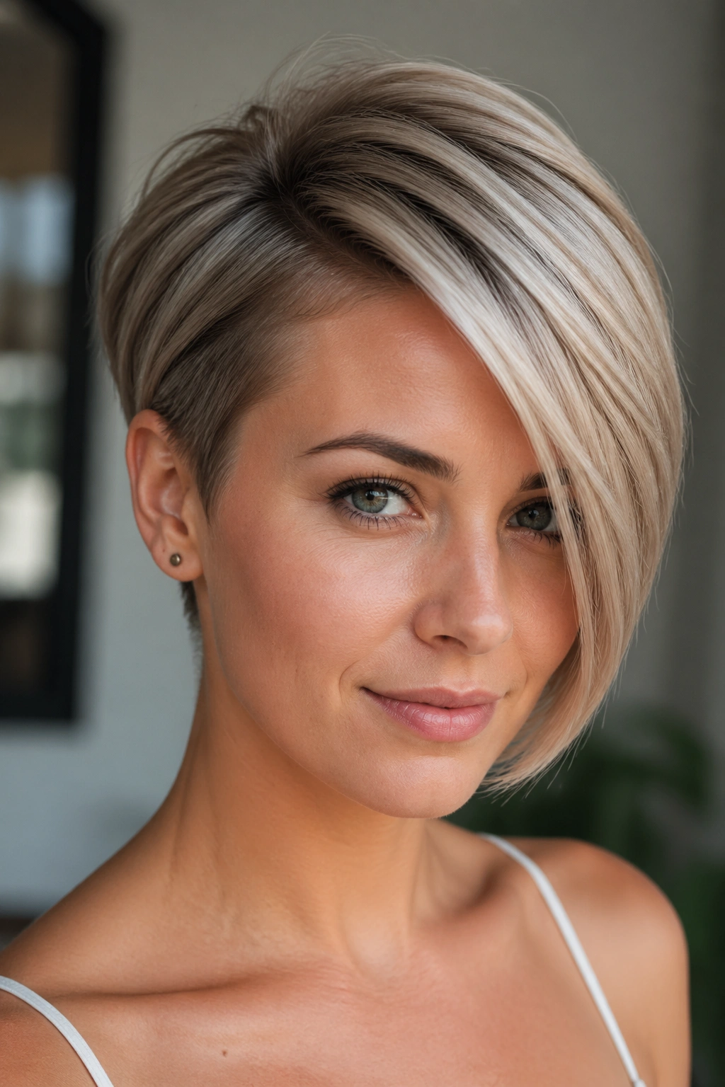 Portrait of a real woman with a side-swept pixie and deep part