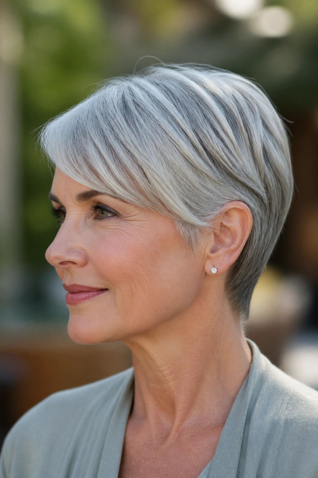 Close-up of a woman with a side-swept pixie tucked behind the ear