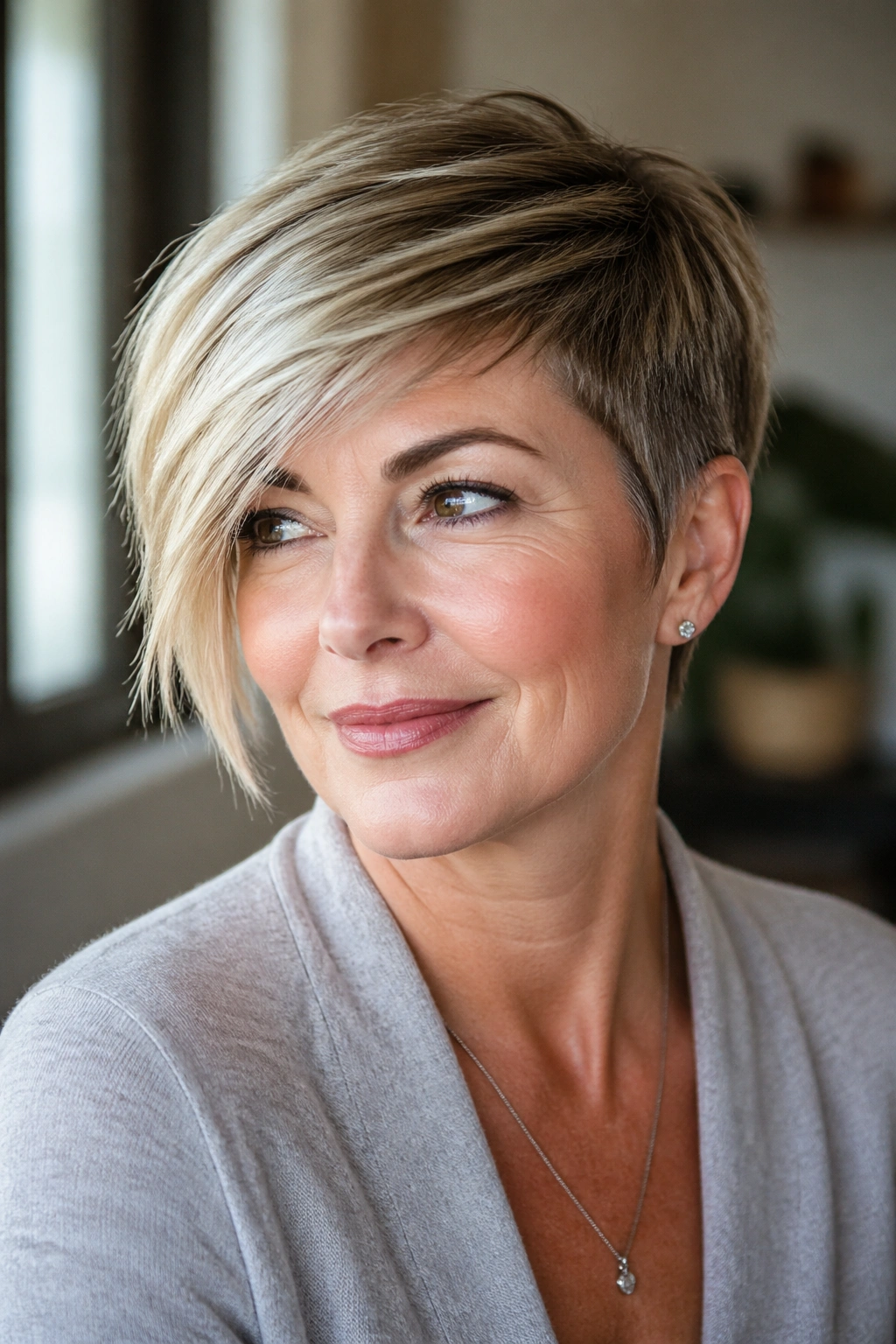 Portrait of a real woman with a side-swept pixie fringe in natural light.