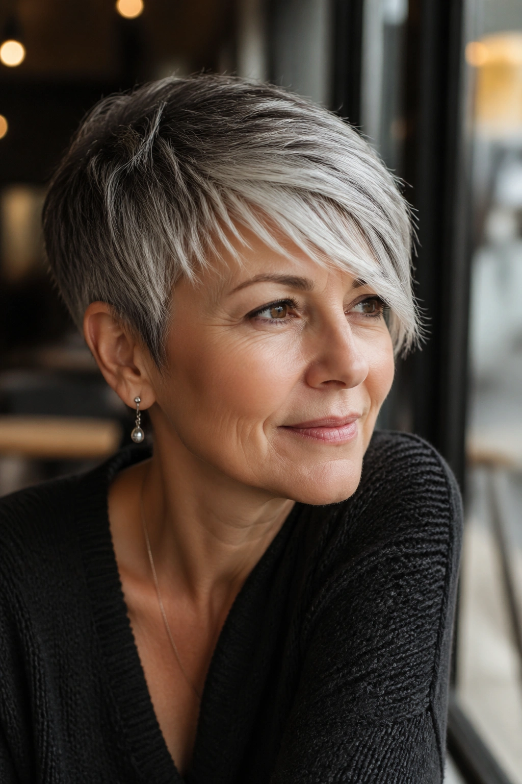Portrait of a woman with a long-fringe side-swept pixie.