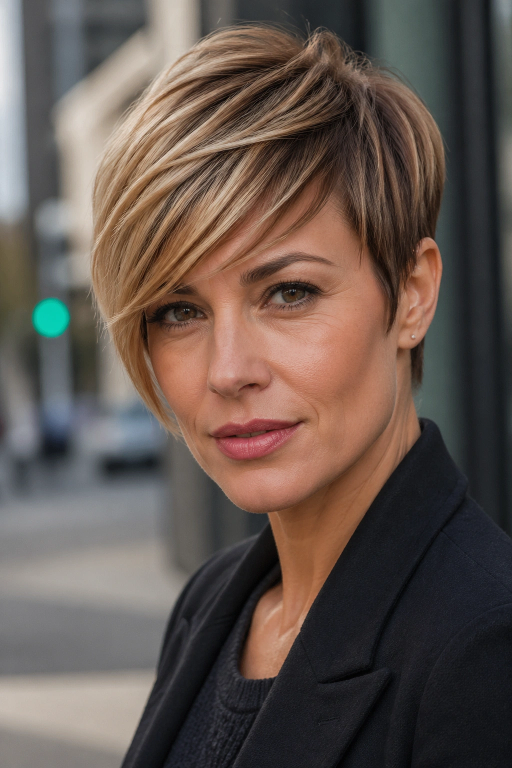 Close-up portrait of a real woman with a side-swept pixie hairstyle