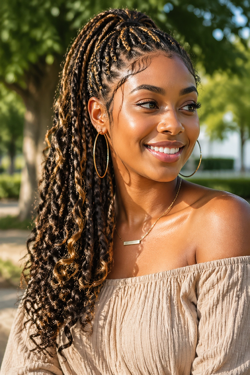 Close-up of a real woman wearing a side-swept boho ponytail falling over one shoulder in natural light