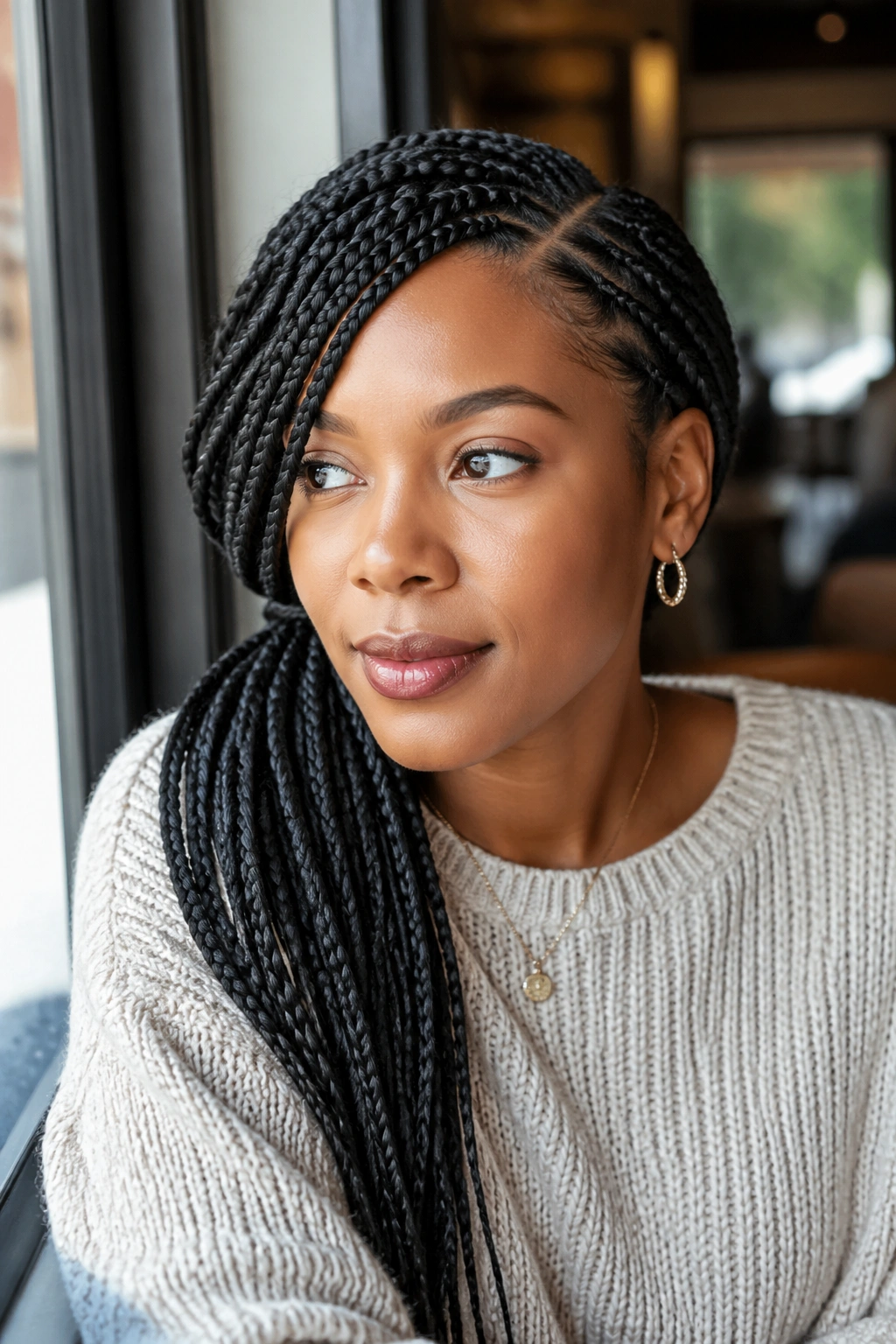 Portrait of a real woman with a deep-part side-swept ponytail in box braids.