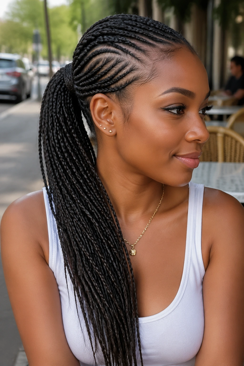 Side-profile of a real person with a diagonal-part side-swept ponytail over one shoulder