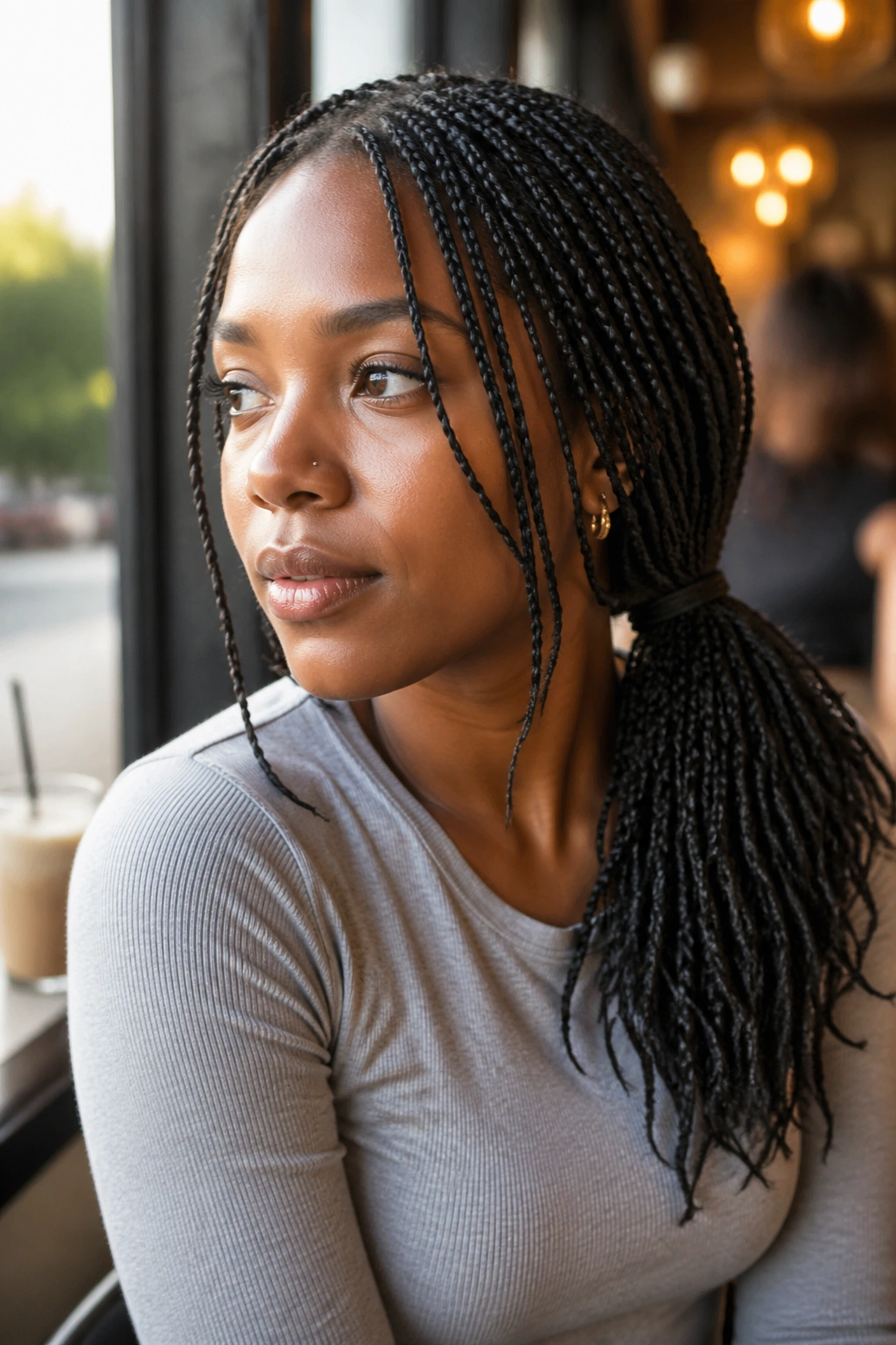 Real person with a side-swept ponytail creating softer lines.