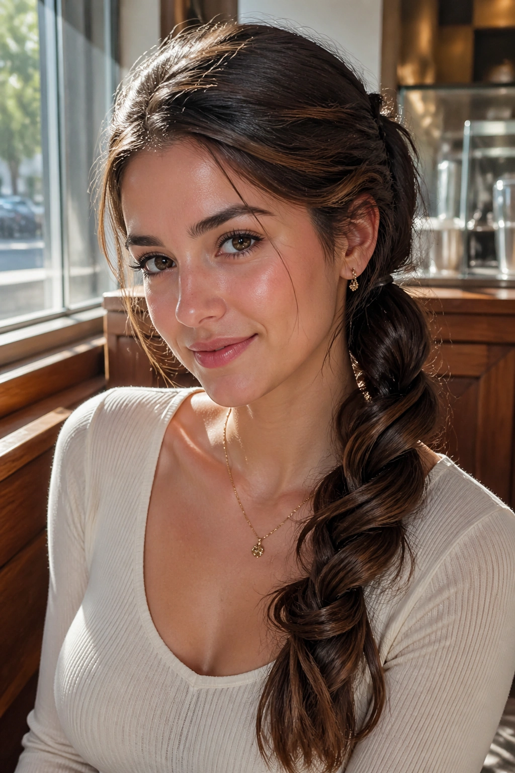Real woman with side-swept rope braid ponytail over shoulder.