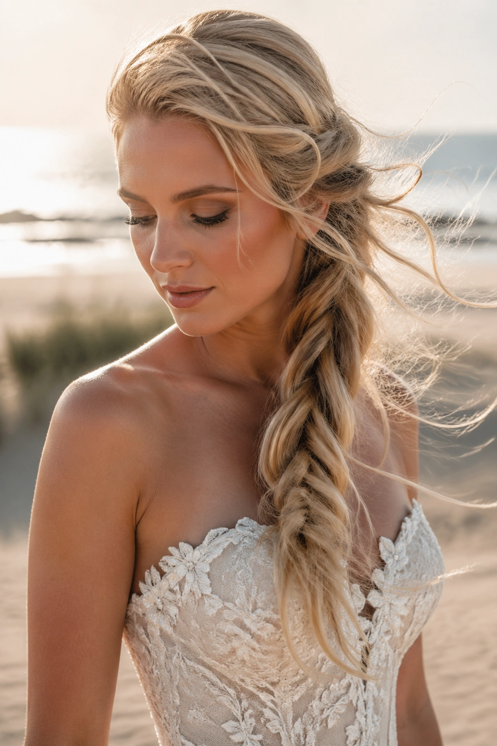 Bride with side-swept rope braid over one shoulder at the beach