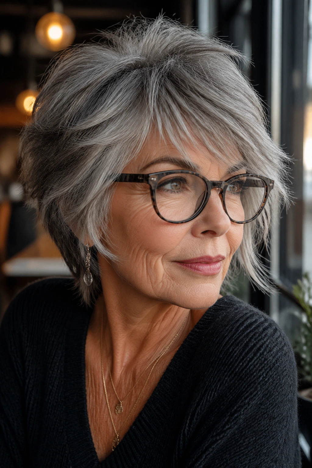 Portrait of an older woman with side-swept shag and glasses by a sunny cafe window.
