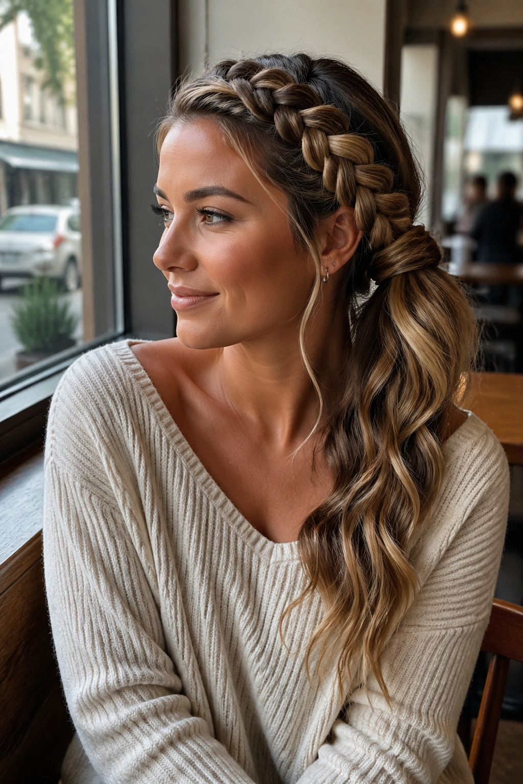 Close-up side-swept snake braid ponytail over the shoulder at a cafe window
