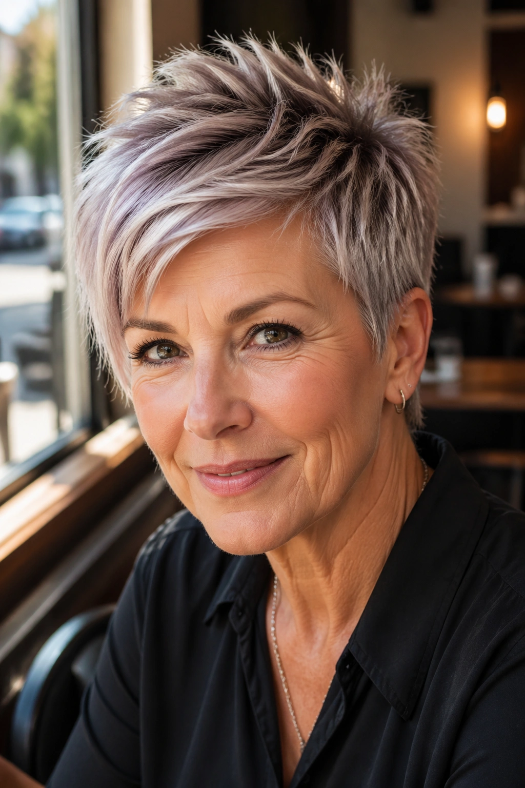 Close-up of a real woman with a side-swept spiky pixie in natural light