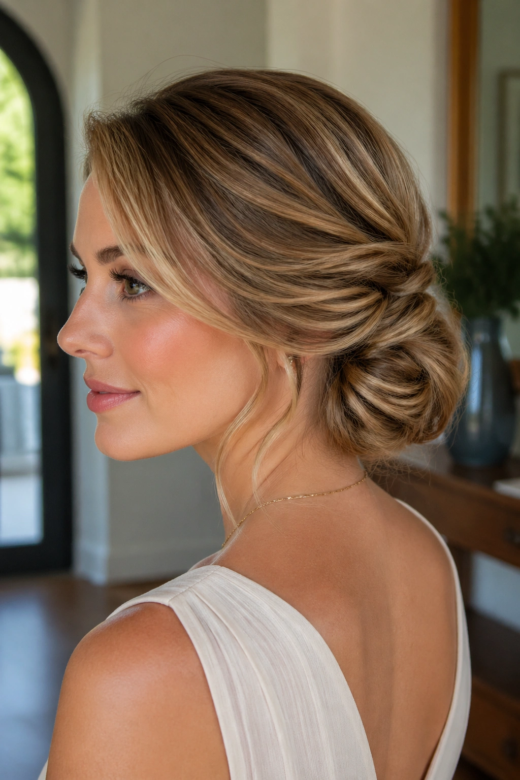 Close-up of a real woman with a side-swept twisted chignon for layered hair