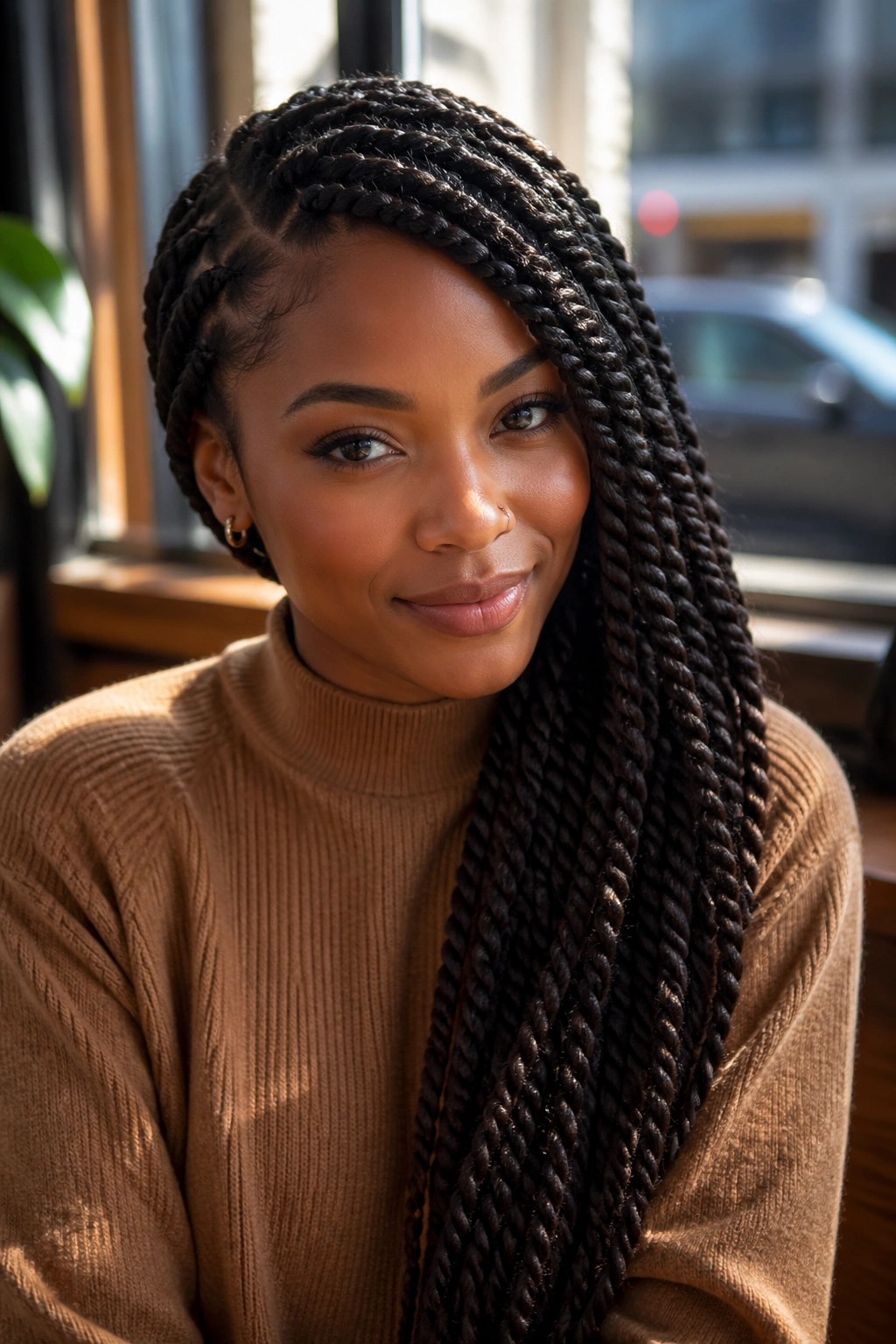 Close-up of side-swept twists cascading over one shoulder on a real woman.