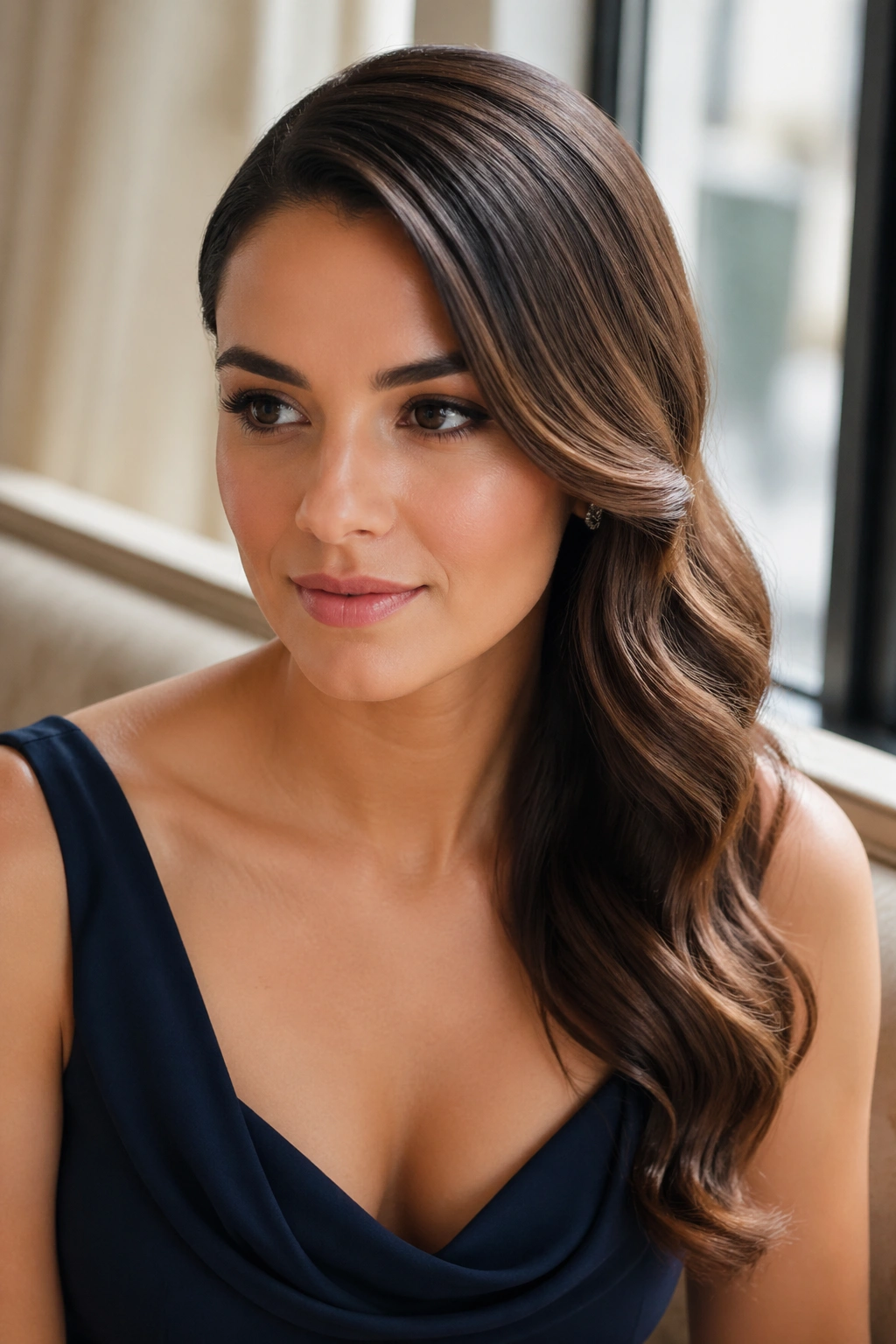 Real woman with side-swept waves over one shoulder