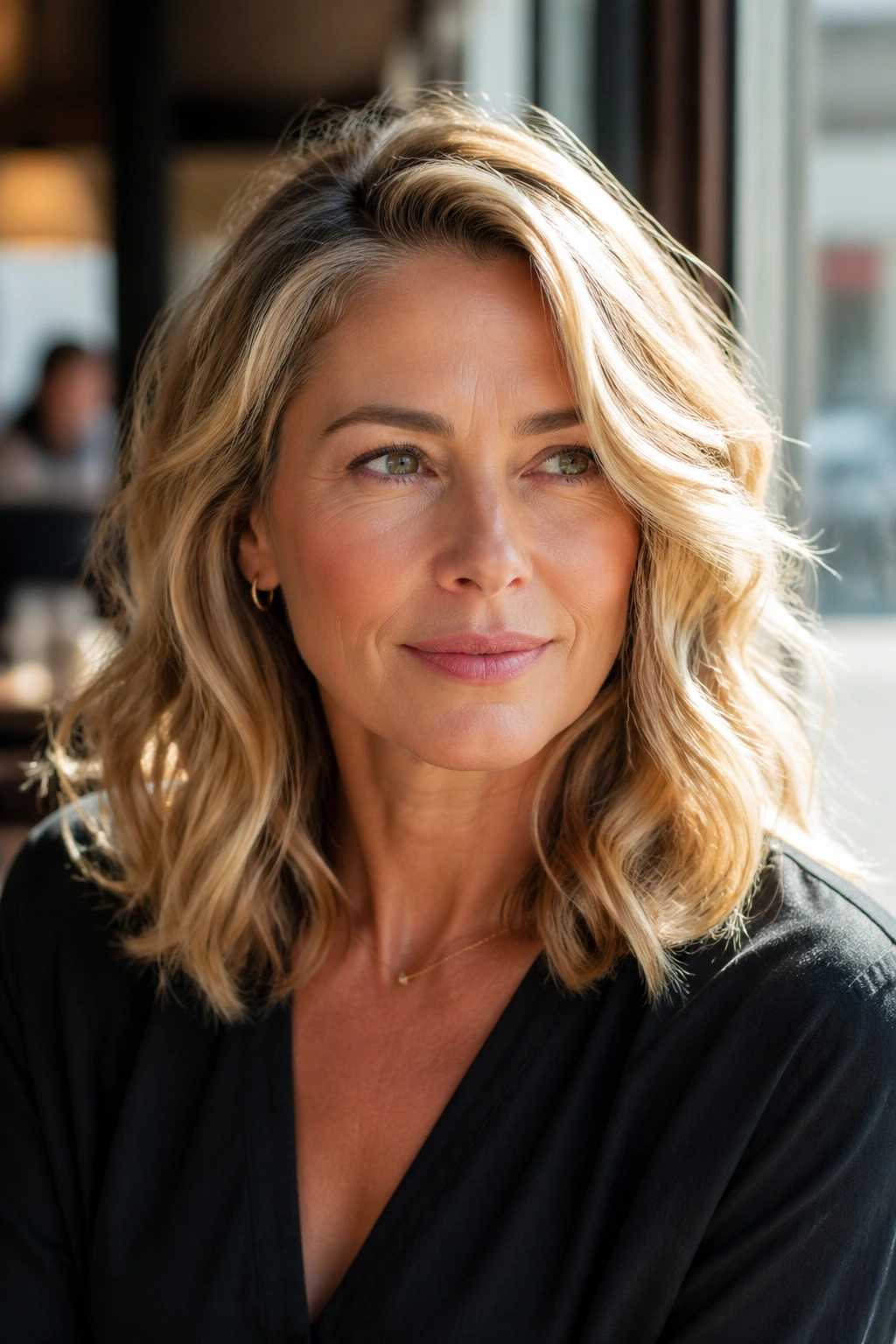 Real woman with side-swept waves and sunlit blonde highlights.