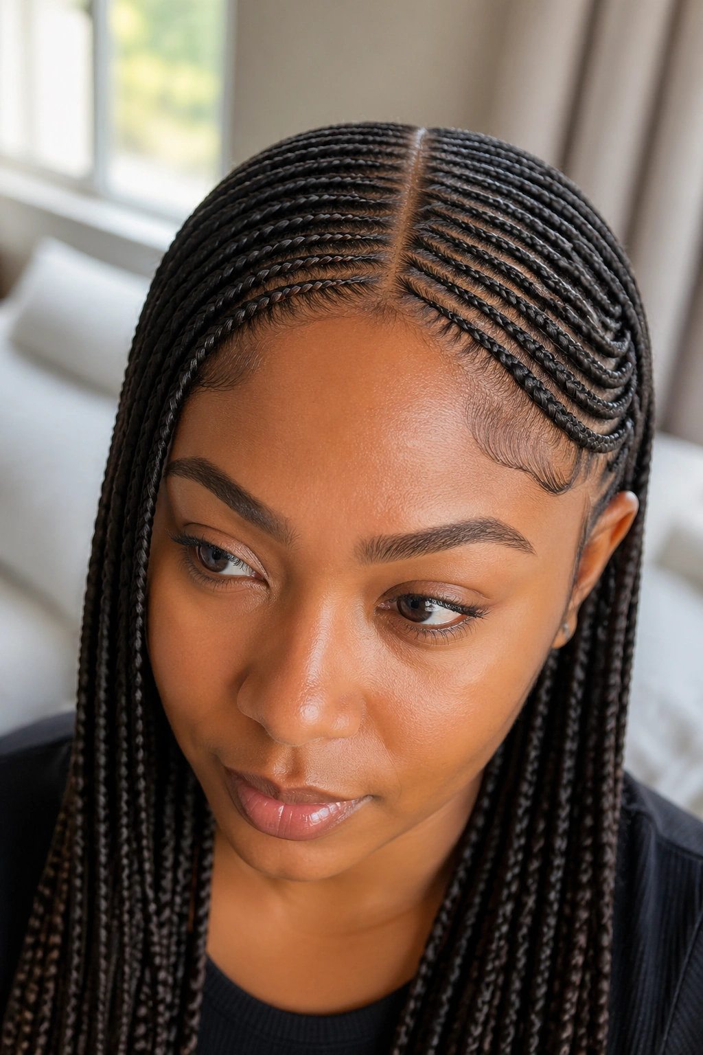Close-up of a real woman with side-swooped front braids and a crisp center part