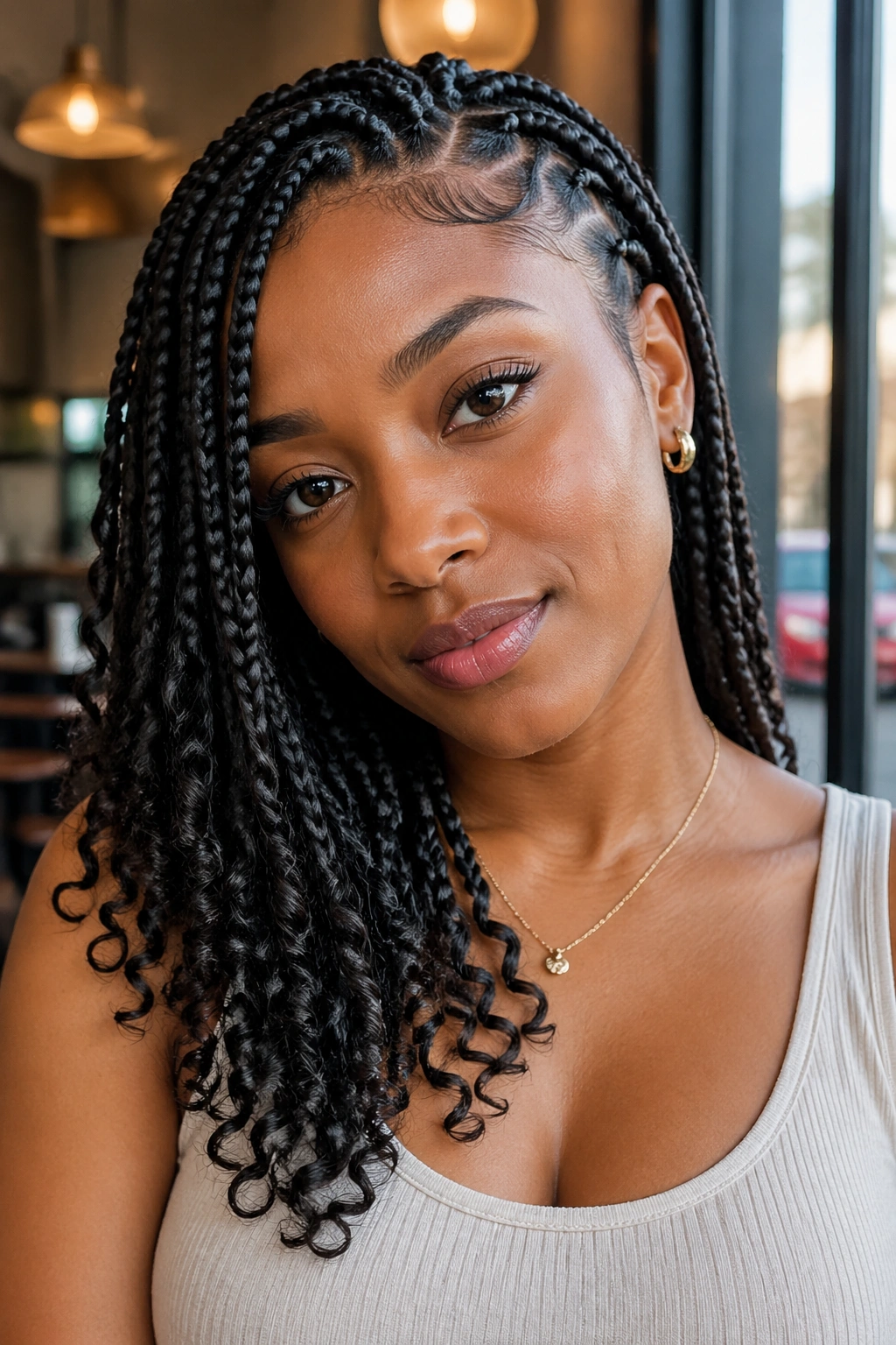 Portrait of a real woman with side-swoop knotless braids and clean edges