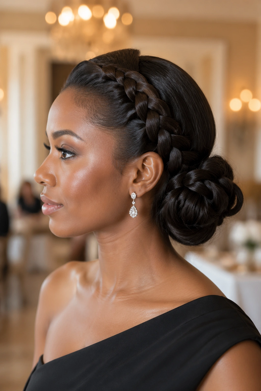 Close-up of a real woman with a side braid into a sculpted bun at the ear in a warm wedding-prep setting.