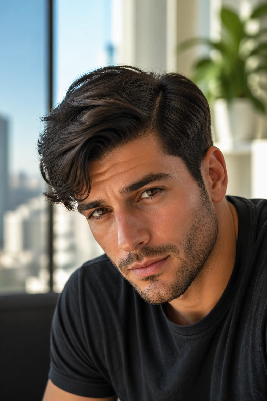 Close-up portrait of a real person with a side-part crop on thick hair.