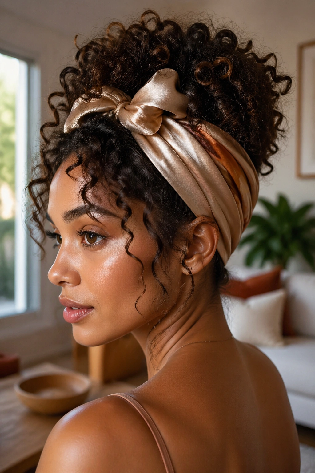 Real woman with silk scarf updo on curly hair in a warm living room light