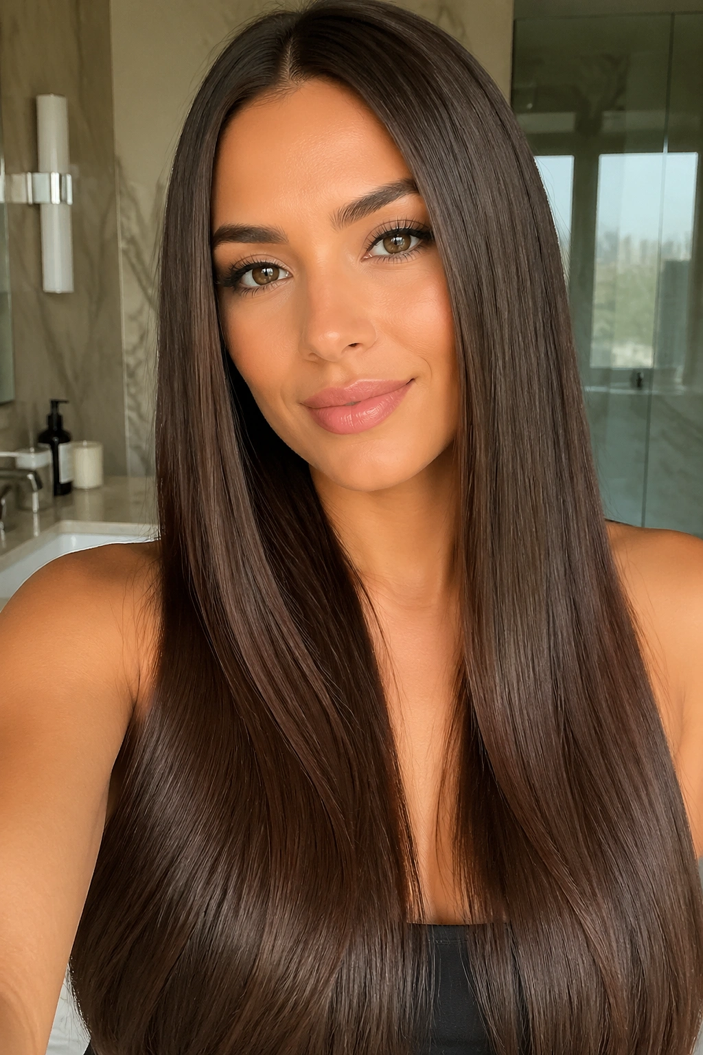 Portrait of a woman with silky straight chocolate lengths in a bright bathroom.