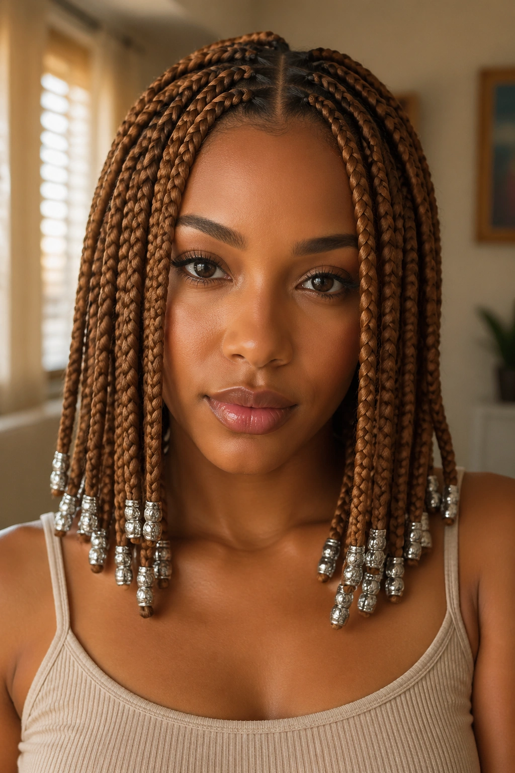 Close-up of honey-brown knotless braids with silver beads near the ends