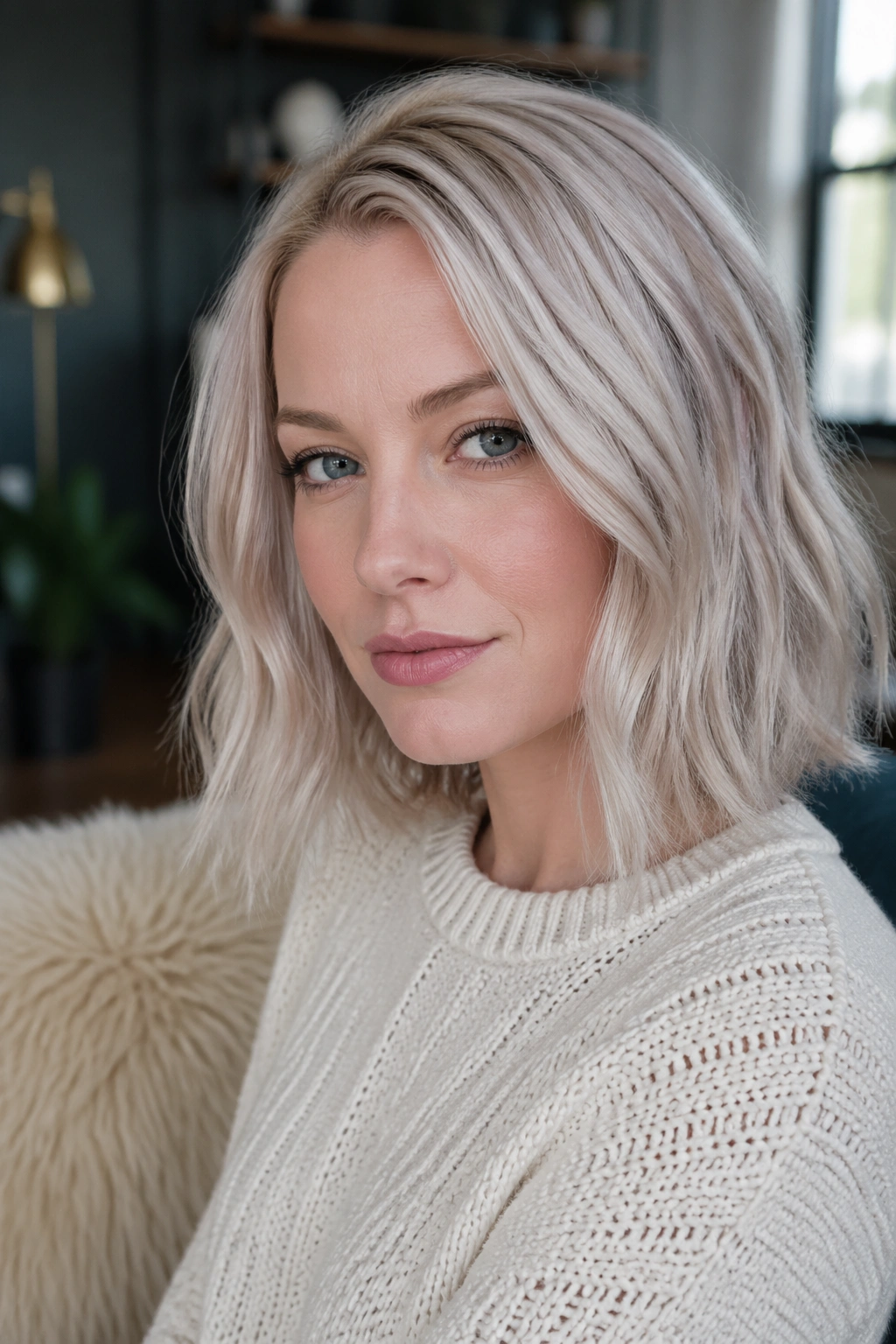 Close-up portrait of a real woman with pale silver champagne blonde hair in natural window light