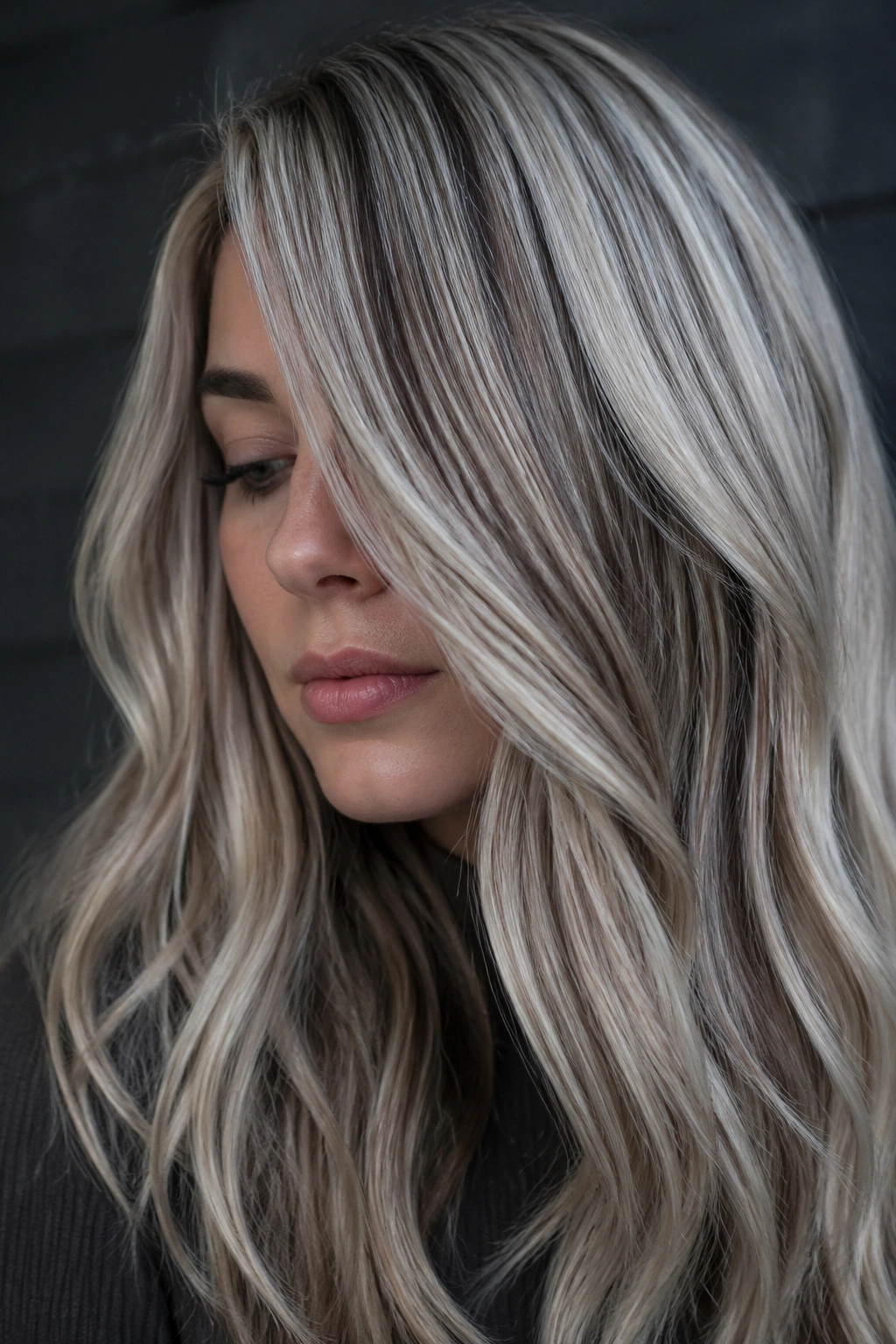 Portrait of silver blonde hair with smoky brown lowlights on a real person