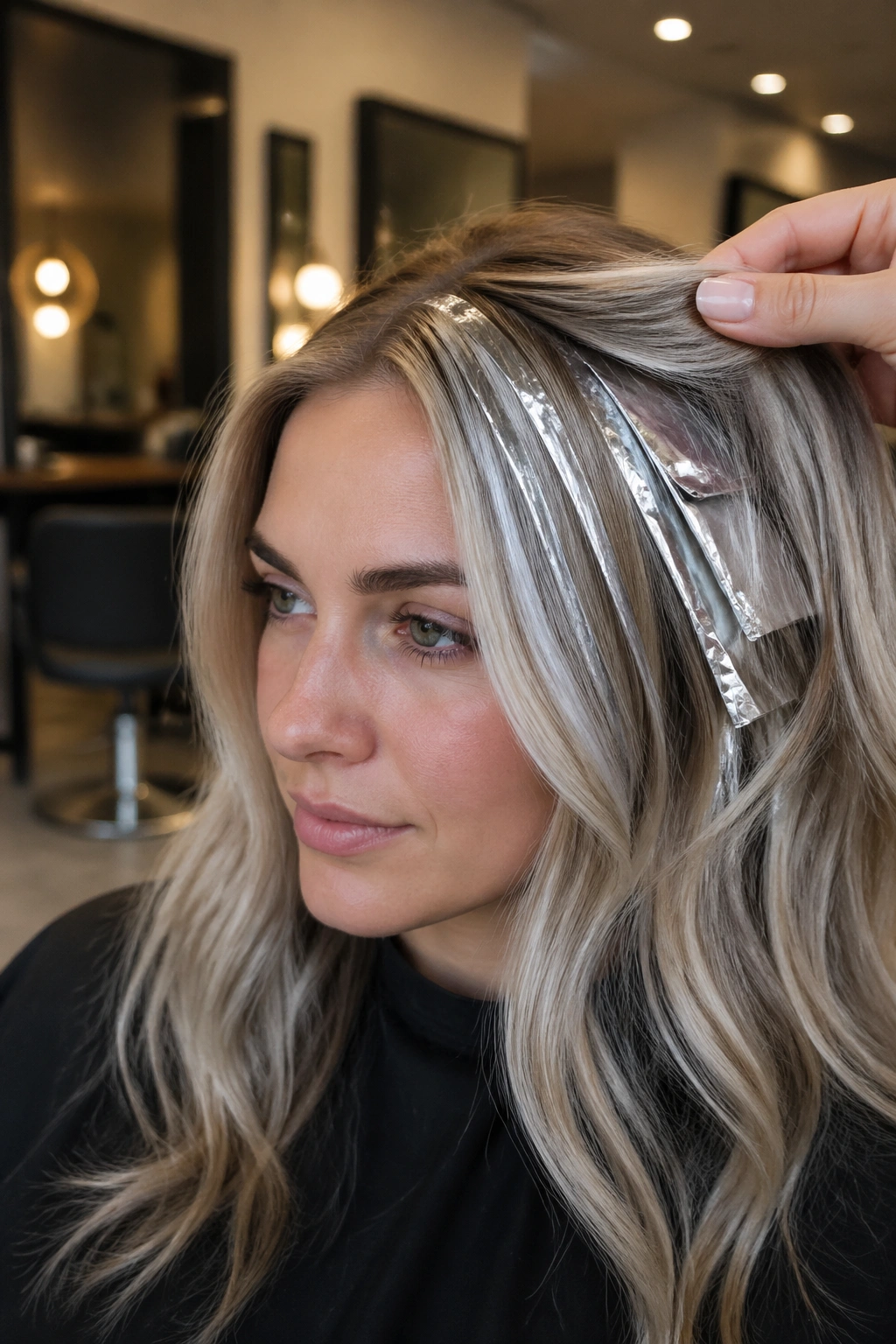 Real person with beige blonde hair and subtle silver foils in a portrait