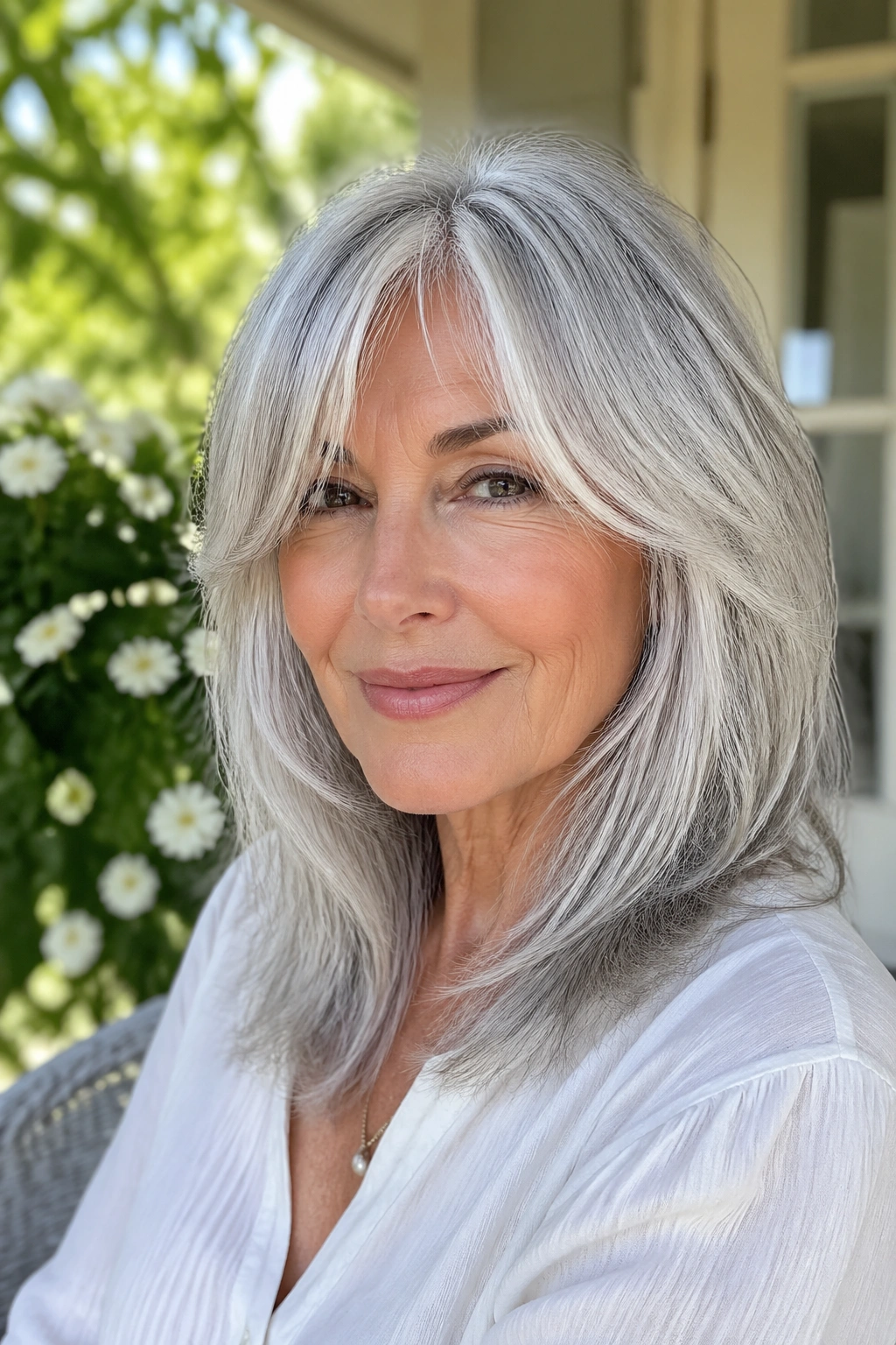 Close-up portrait of a real woman with silver hair and airy curtain bangs in natural daylight