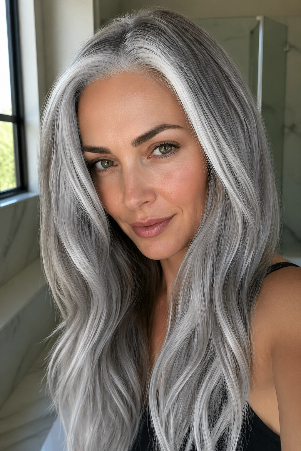 Close-up portrait of a woman with metallic silver gloss hair and white accents at the hairline.