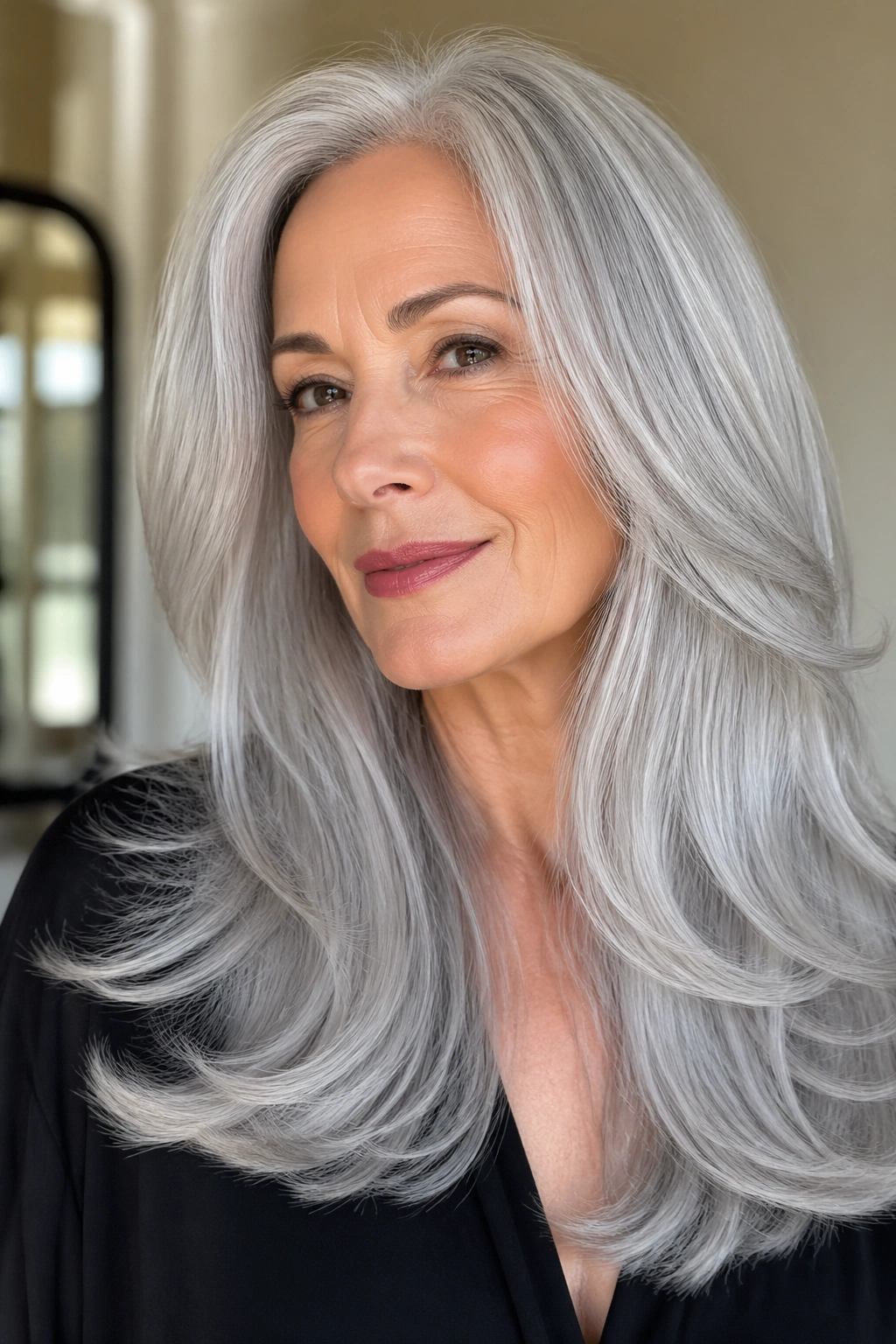 Close-up of a silver-haired woman with a glossy blowout