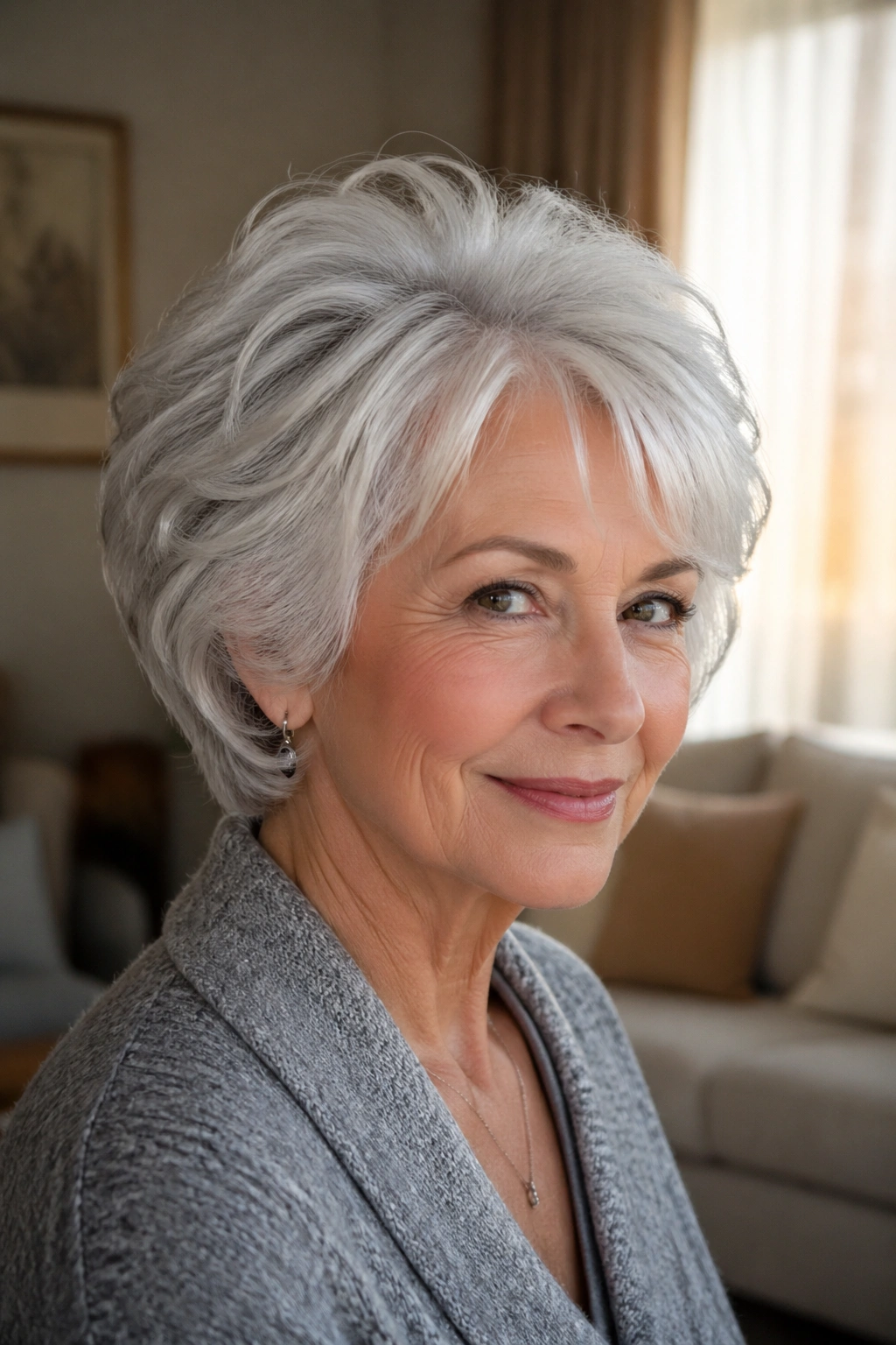 Close-up portrait of a real woman with silver halo crown lift hairstyle