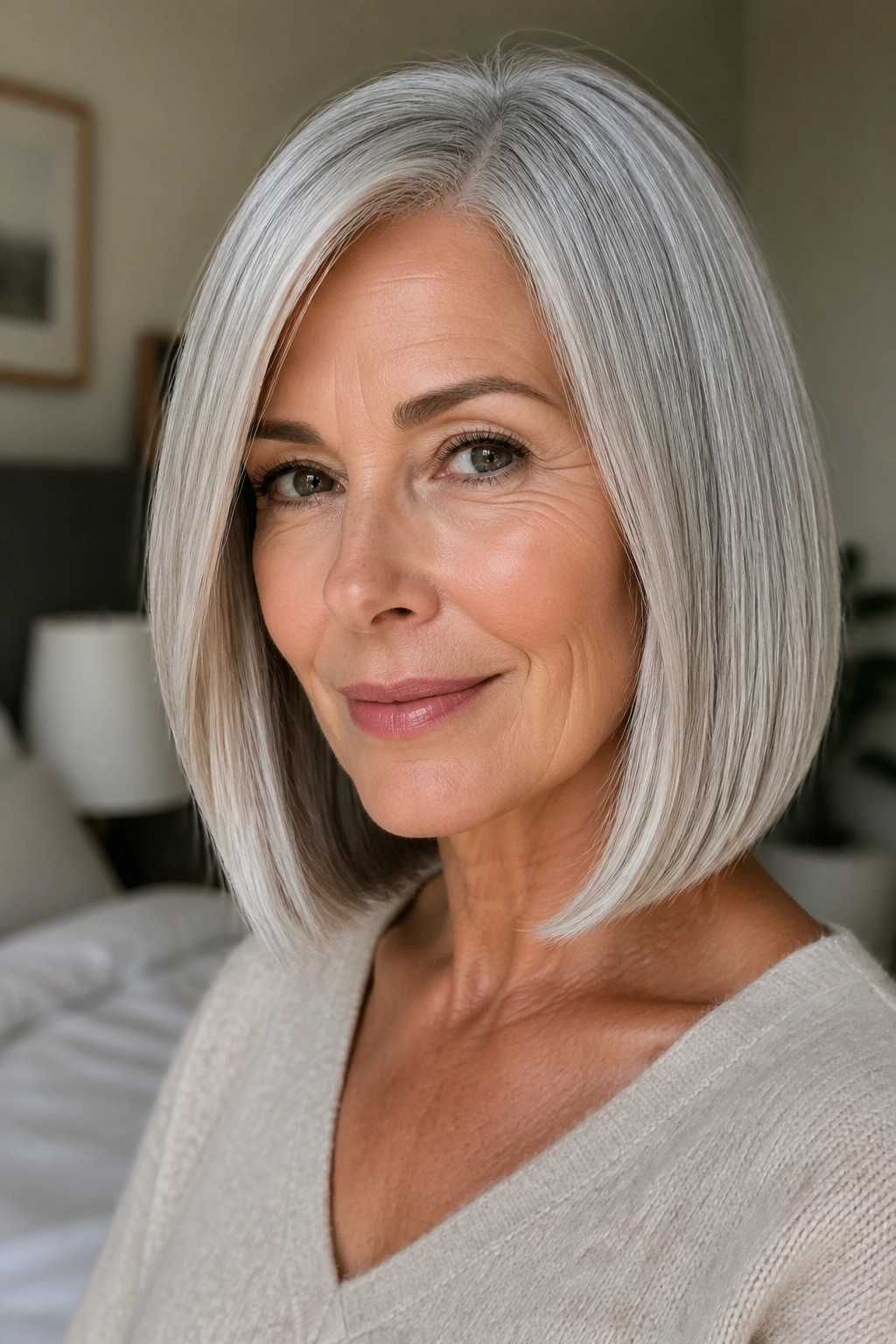 Close-up portrait of a real woman with a silver lob hairstyle and glossy straight finish.