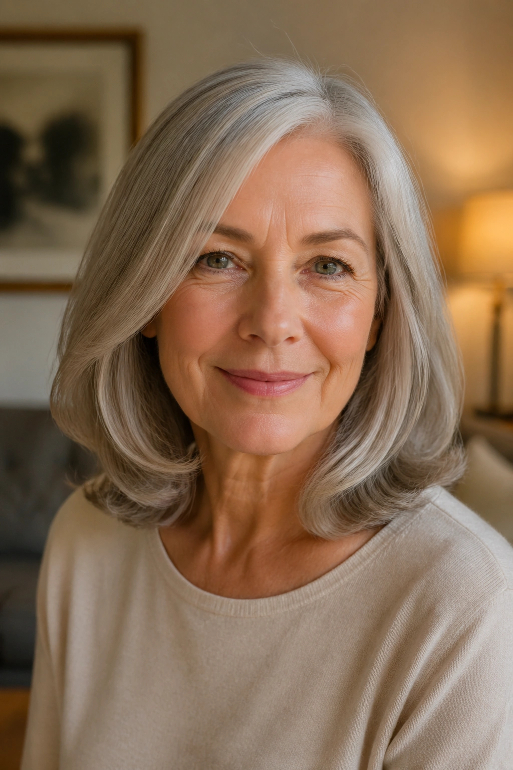 Portrait of a real woman with a silver lob and soft-ended curls