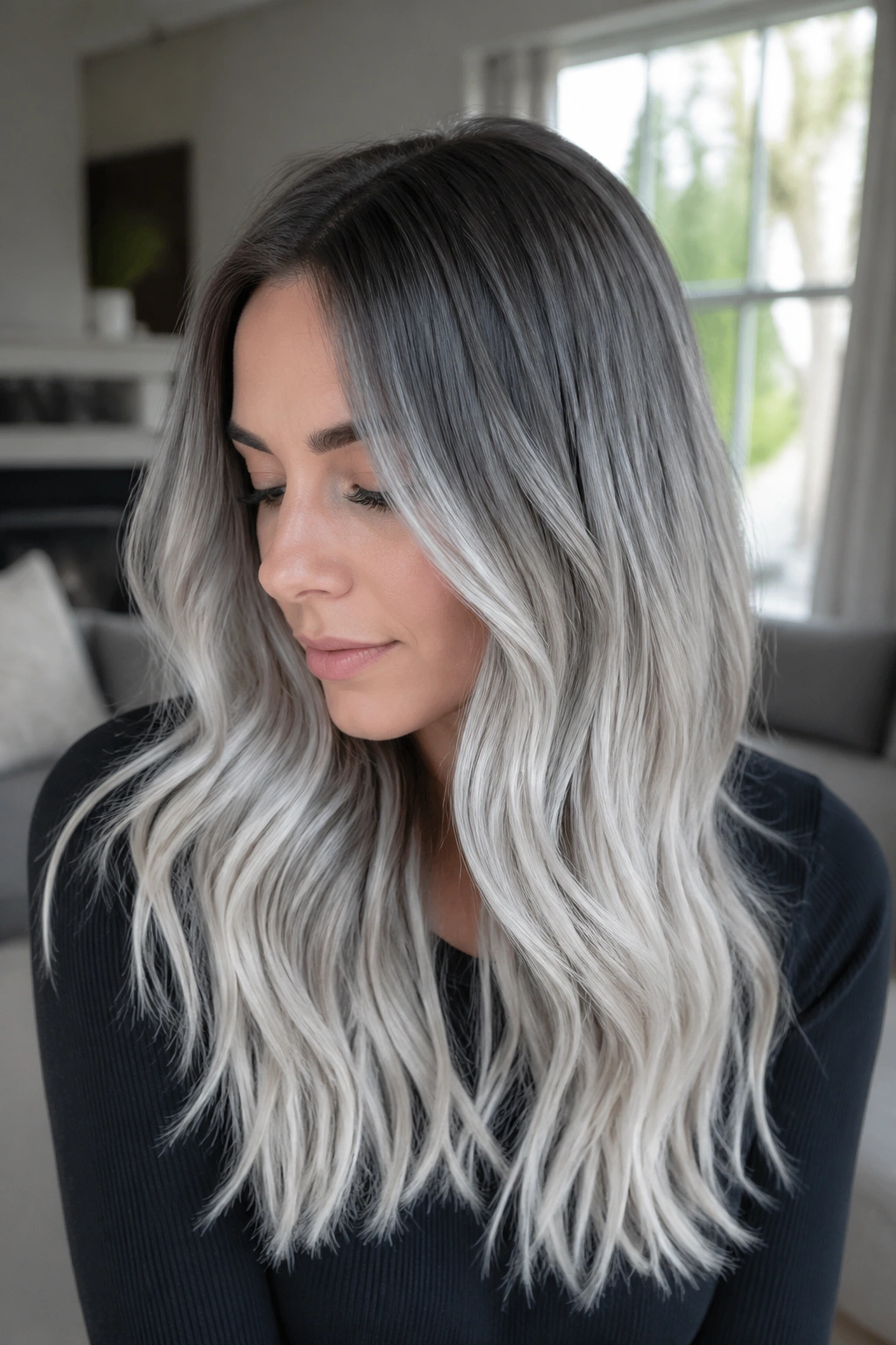 Real person with a soft silver melt from dark roots to pale ends in a portrait