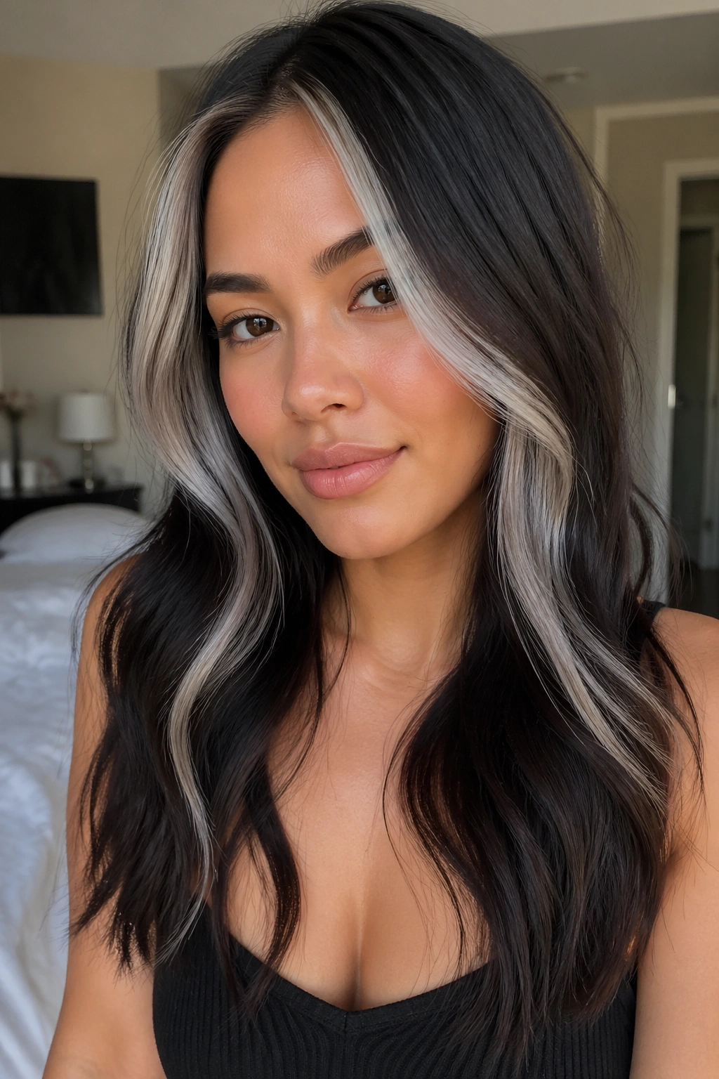 Close-up of a woman with a silver money piece framing her face
