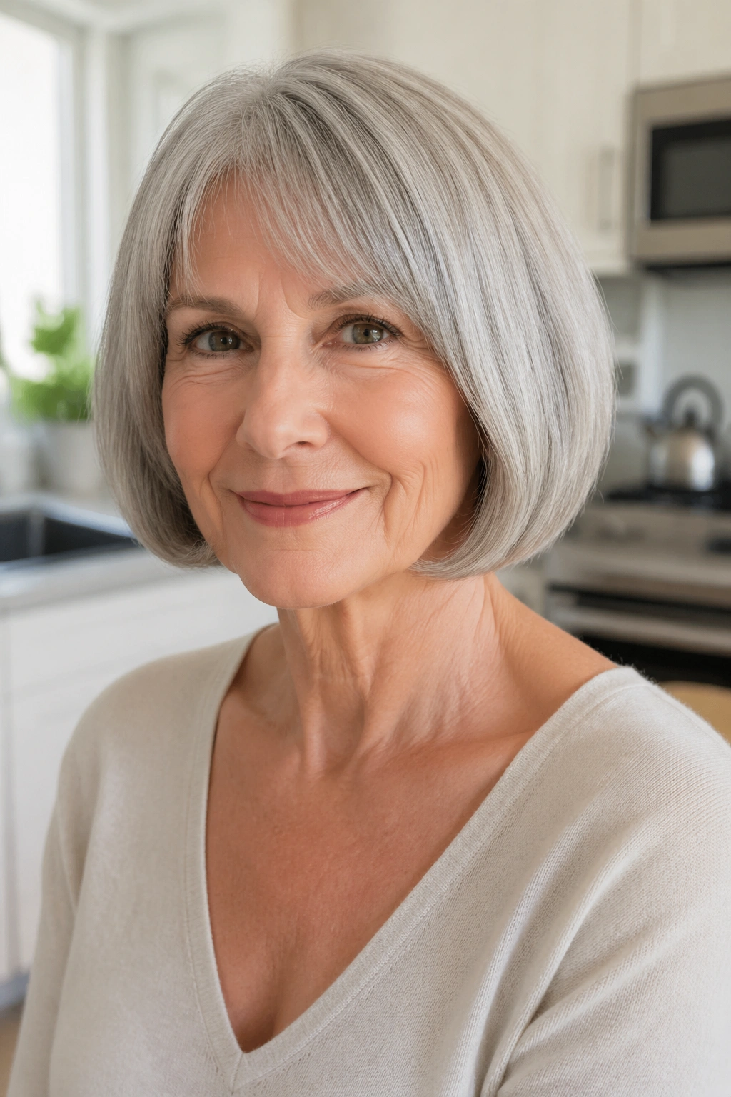 Senior woman with silver pageboy and curved ends