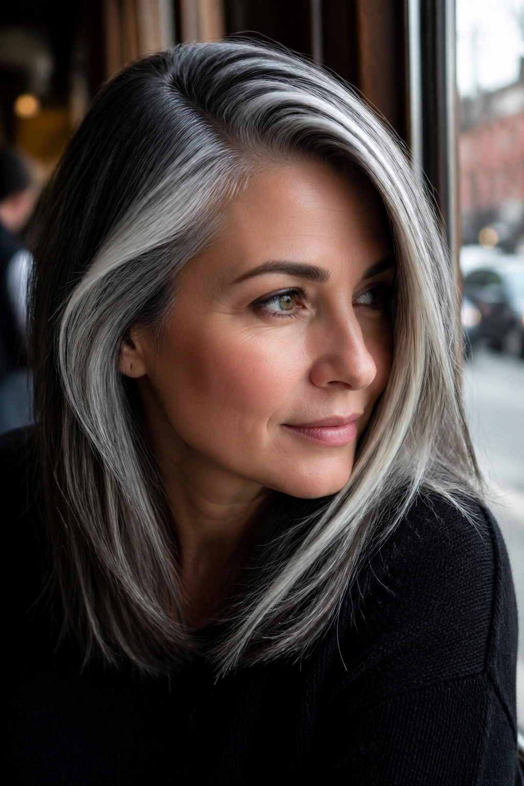 Close-up portrait of a woman with side-swept silver panels along a deep part in a sunlit setting.