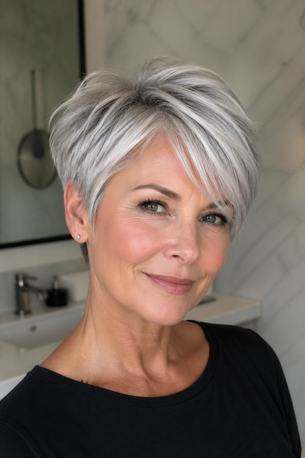 Close-up of a real woman with silver pixie and long top bangs in a modern bathroom