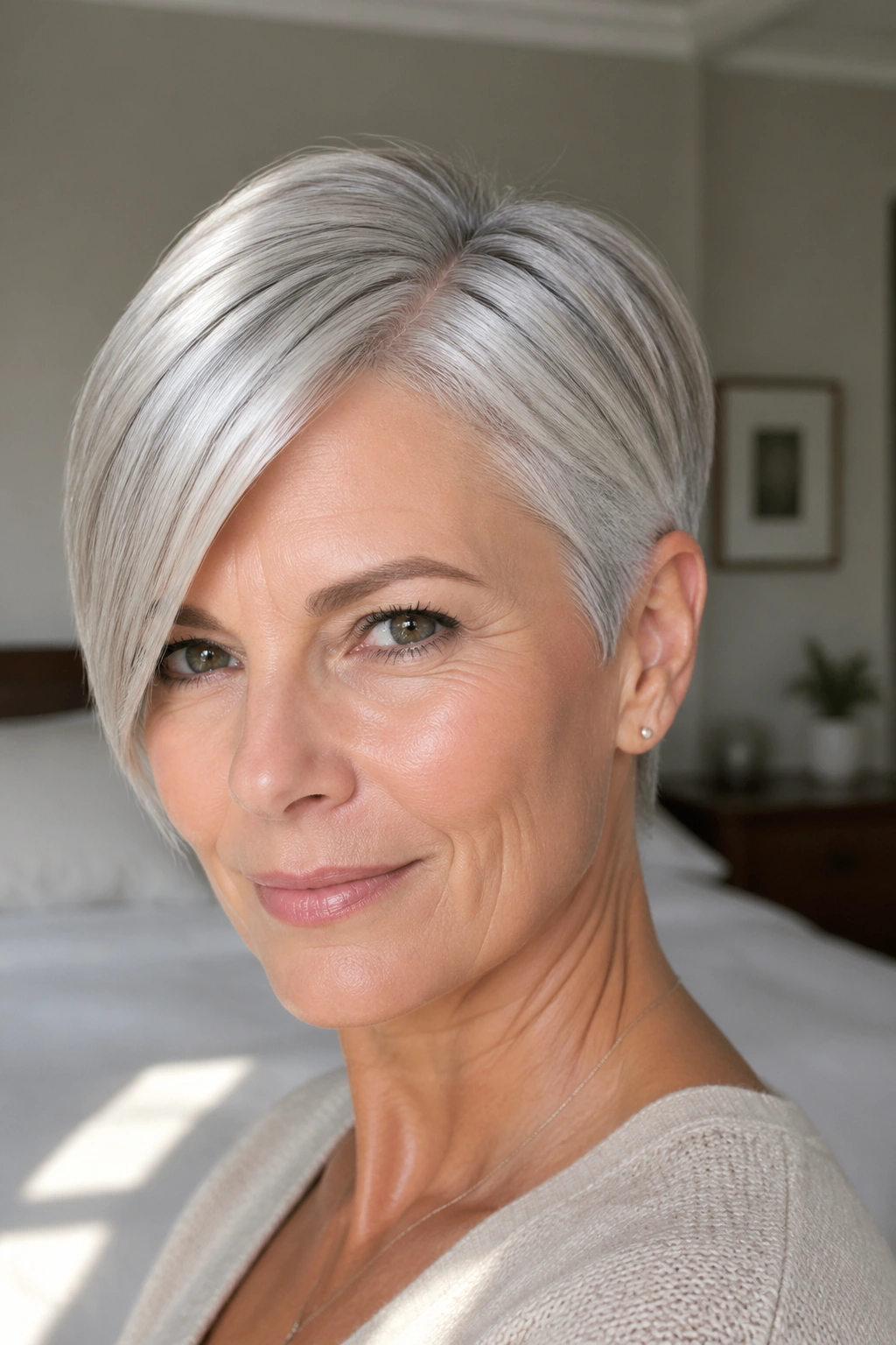 Close-up of a real woman with silver sleek pixie and deep side part in natural window light