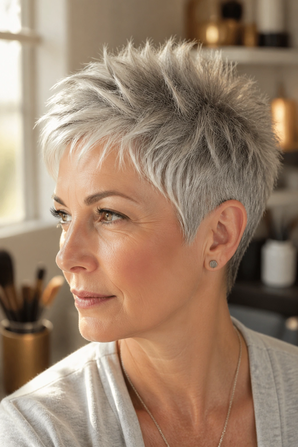Close-up of a real woman with a tapered silver pixie and feathered spikes.